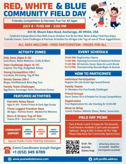 4th of July Red White and Blue Community Field Day Flyer Template