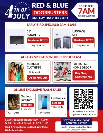 4th of July Red White and Blue Doorbusters Flyer Template
