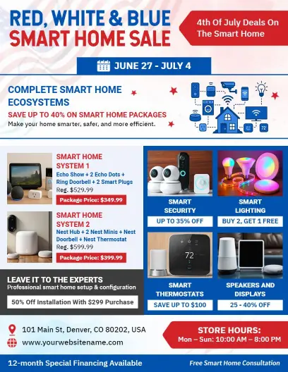 4th of July Red White and Blue Smart Home Sale Flyer Template