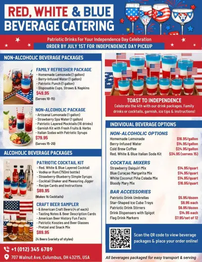 4th of July Red, White & Blue Beverage Catering Menu Flyer Template