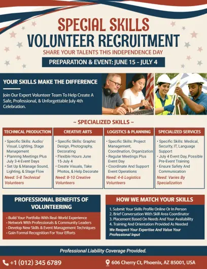 4th of July Skills Volunteer Recruitment Flyer Template