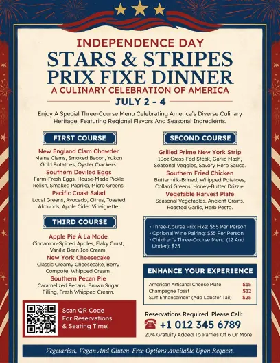4th of July Stars & Stripes Dinner Menu Flyer Template
