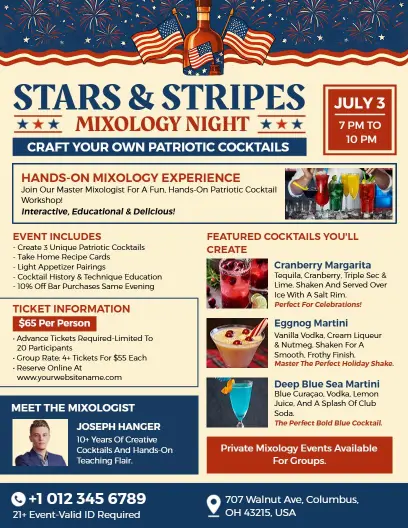 4th of July Stars & Stripes Mixology Night Flyer Template