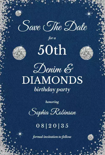 50th Denim and Diamonds Birthday Celebration Save The Date Invitation Template