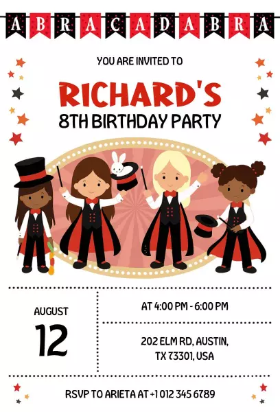 Abracadabra Magical 8th Kids Birthday Celebration Invitation Template