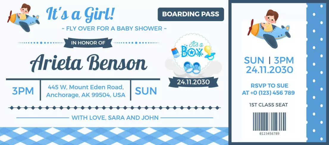 Adorable Airplane Theme Girl Baby Shower Boarding Pass Invitation Template