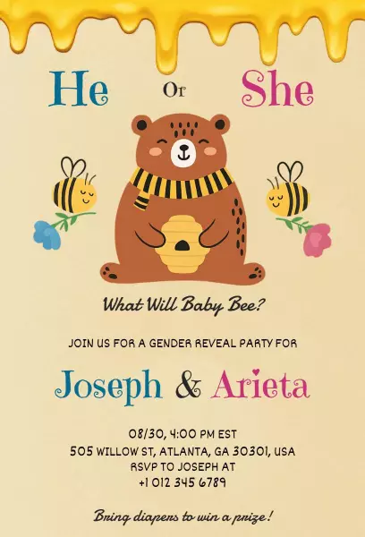 Adorable Bear Honeycomb Gender Reveal Party Invitation Template
