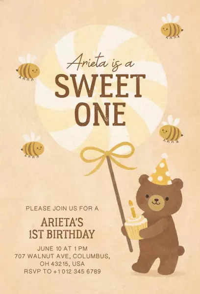 Adorable Bear Sweet One 1st Birthday Invitation Template