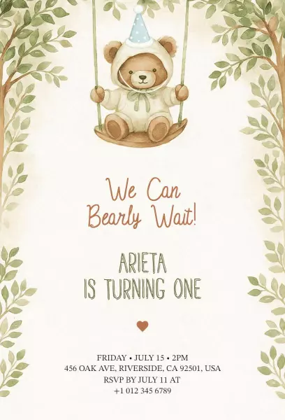 Adorable Bear Theme 1st Birthday Celebration Invitation Template