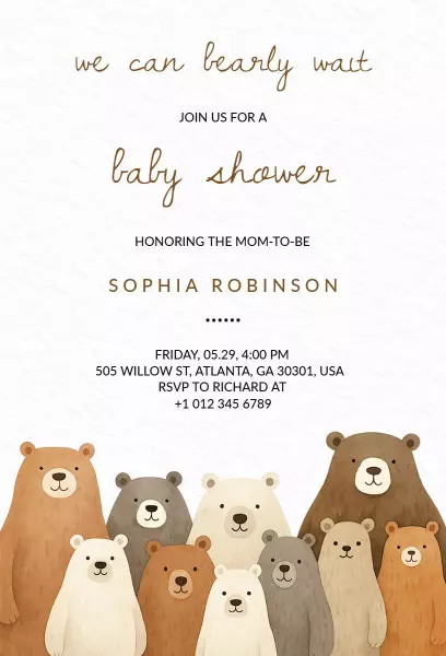 Adorable Bear Themed Baby Shower Celebration Invitation Template