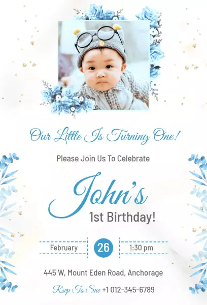 Adorable Blue Floral First Birthday Celebration Invitation Template