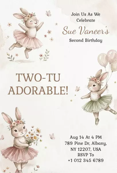 Adorable Bunny Theme Second Birthday Celebration Invitation Template