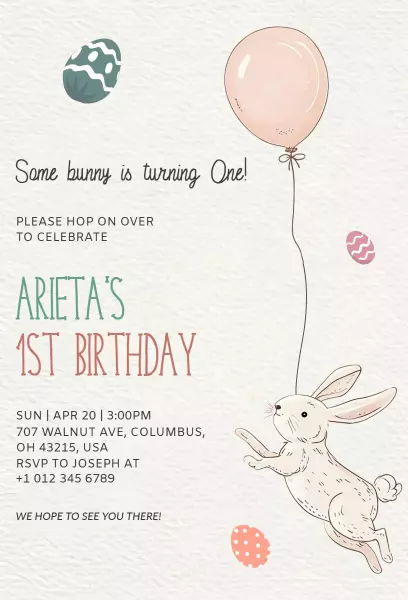 Adorable Bunny Themed First Birthday Celebration Invitation Template