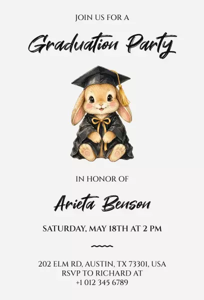 Adorable Bunny Themed Graduation Celebration Invitation Template