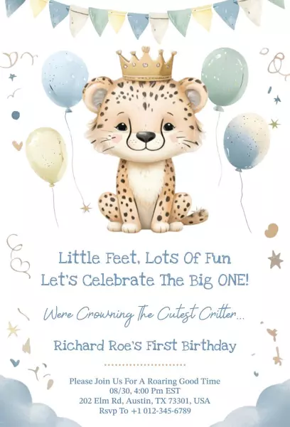 Adorable Cheetah Themed First Birthday Celebration Invitation Template