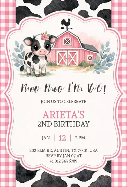 Adorable Cow Farm Themed 2nd Birthday Celebration Invitation Template