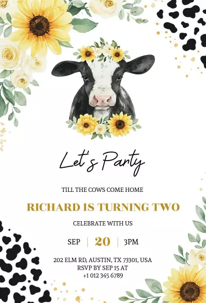 Adorable Cow Theme 2nd Birthday Celebration Invitation Template