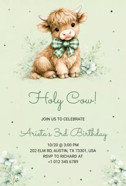 Adorable Cow Themed 3rd Birthday Celebration Invitation Template