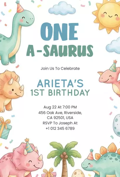 Adorable Dinosaur Themed First Birthday Celebration Invitation Template