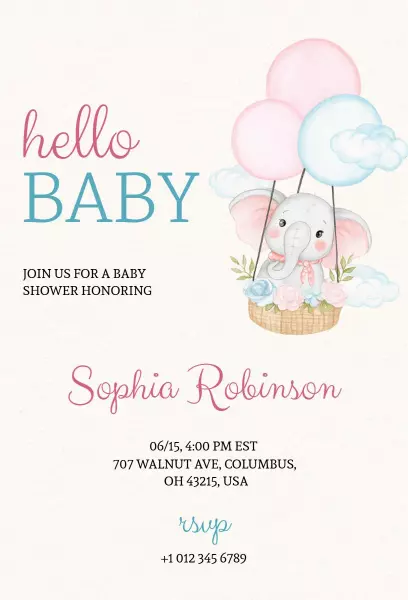 Adorable Elephant Balloon Baby Shower Celebration Invitation Template