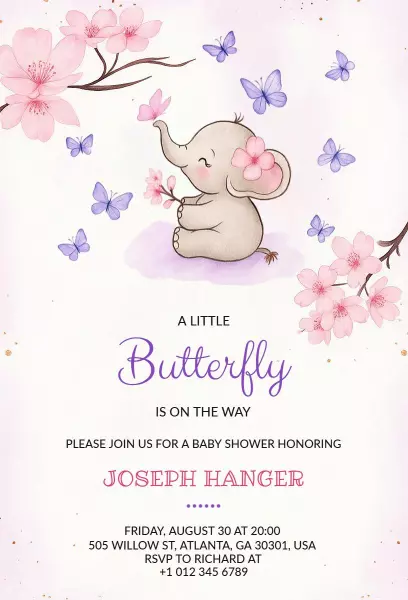 Adorable Elephant Butterfly Baby Shower Celebration Invitation Template