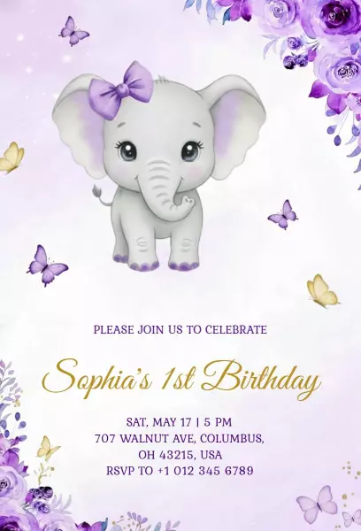 Adorable Elephant Purple Floral 1st Birthday Invitation Template