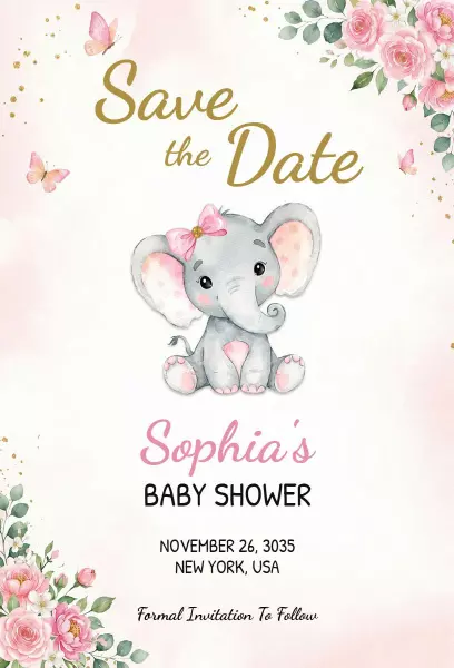 Adorable Elephant Theme Floral Baby Shower Invitation Template