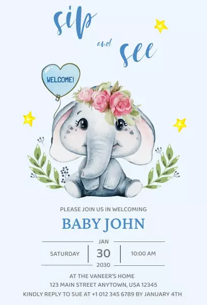 Adorable Elephant Themed Sip & See Baby Celebration Invitation Template