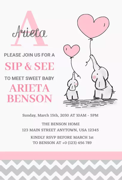 Adorable Elephant Themed Sip & See Baby Shower Invitation Template