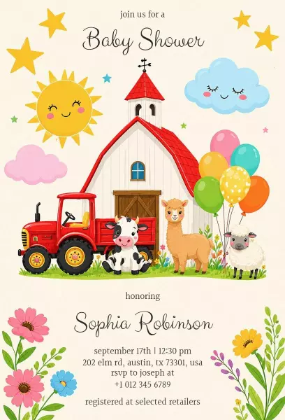 Adorable Farmyard Animals Baby Shower Celebration Invitation Template