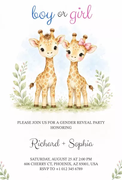 Adorable Giraffe Theme Gender Reveal Celebration Invitation Template