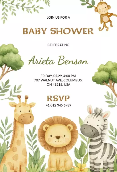 Adorable Jungle Safari Theme Baby Shower Invitation Template