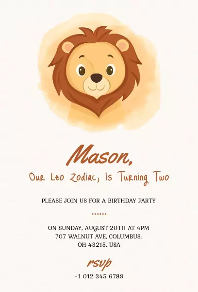 Adorable Leo Zodiac 2nd Birthday Celebration Invitation Template