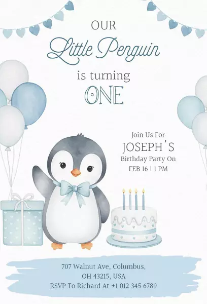 Adorable Penguin 1st Birthday Celebration Invitation Template