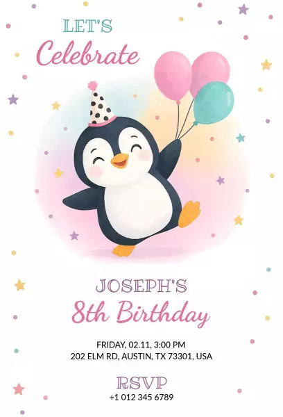Adorable Penguin Theme Colorful 8th Birthday Invitation Template
