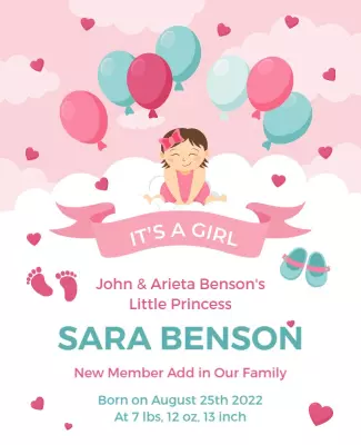 Adorable Pink Baby Girl Announcement Poster Template