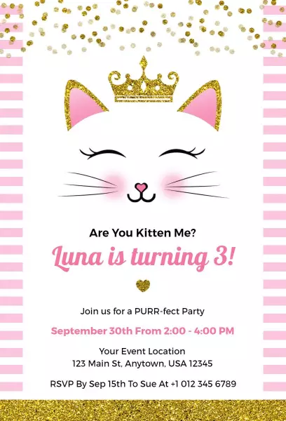 Adorable Pink Cat Theme Birthday Celebration Invitation Template
