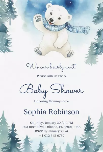 Adorable Polar Bear Winter Baby Shower Invitation Template