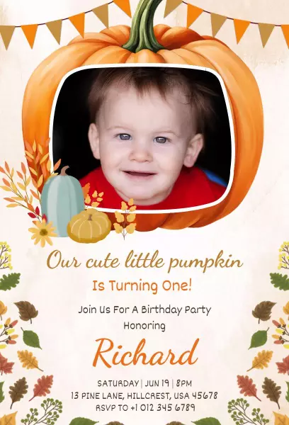 Adorable Pumpkin Themed First Birthday Celebration Invitation Template