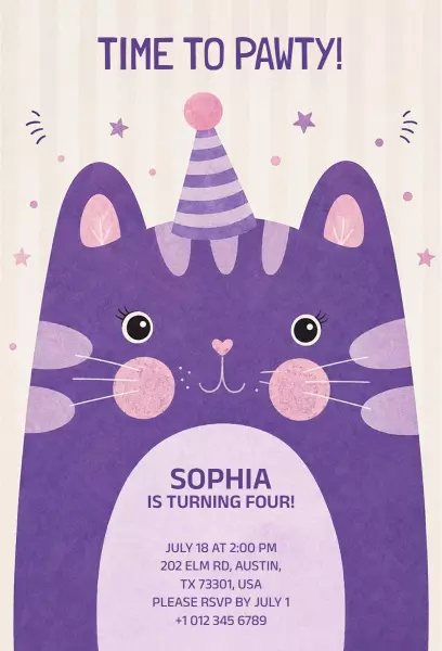 Adorable Purple Cat Birthday Celebration Invitation Template