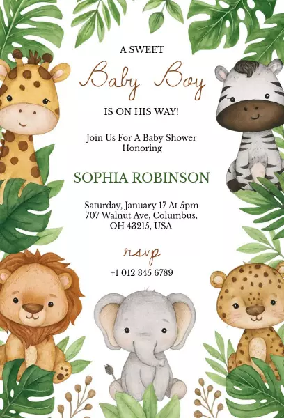 Adorable Safari Animal Themed Baby Shower Invitation Template