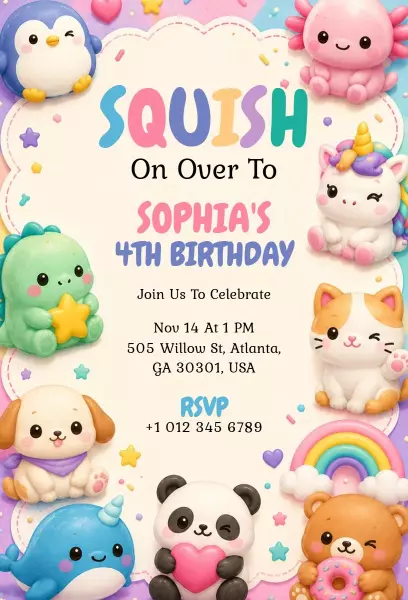 Adorable Squishy Animals Colorful 4th Birthday Invitation Template