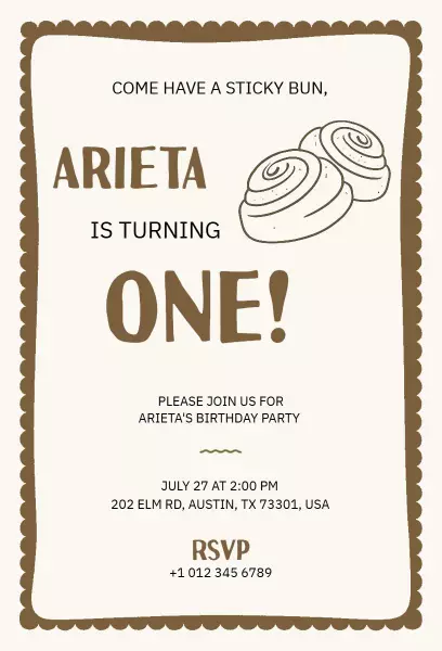 Adorable Sticky Bun Theme 1st Birthday Celebration Invitation Template