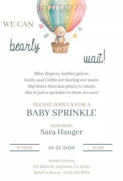 Adorable Teddy Bear Hot Air Balloon Baby Sprinkle Invitation Template