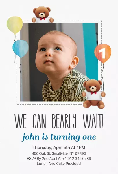 Adorable Teddy Bear One Year Birthday Celebration Invitation Template