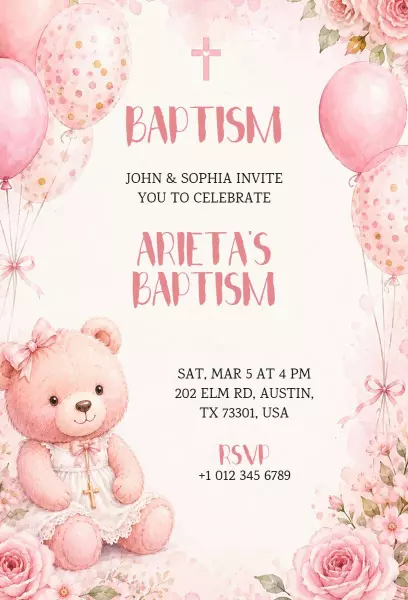 Adorable Teddy Bear Pink Baptism Celebration Invitation Template