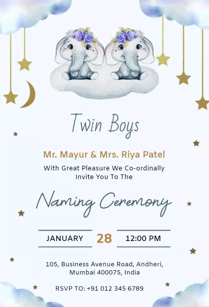 Adorable Twin Boys Elephant Themed Naming Ceremony Invitation Template