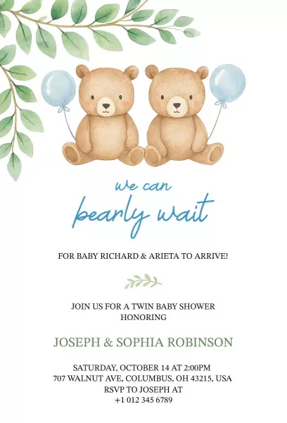 Adorable Twin Teddy Bear Baby Shower Celebration Invitation Template