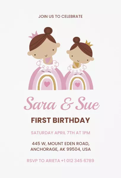 Adorable Twins First Birthday Celebration Invitation Template