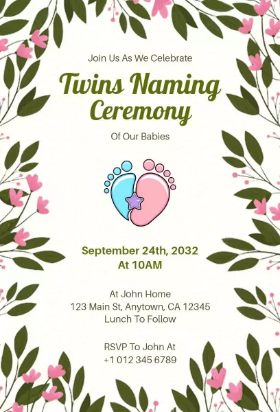 Adorable Twins Naming Ceremony Celebration Invitation Template